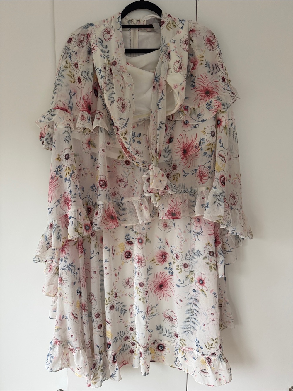 Aqua Cream Floral Ruffle Midi Dress